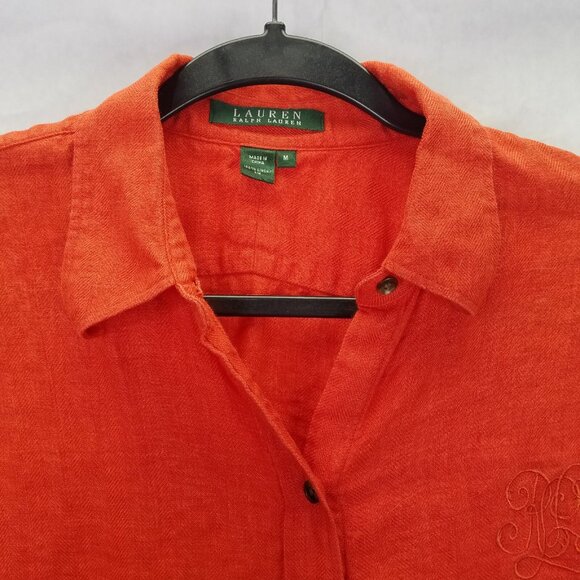 LRL Ralph Lauren Button Up Shirt Women's M Linen Burnt Orange Embroidered Logo - Picture 2 of 12